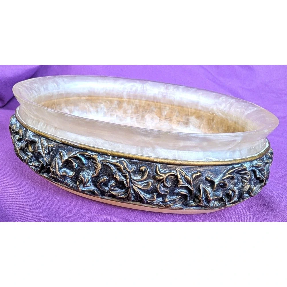 Wamsutta Golden Pearl Adagio Lucite Vanity Soap Trinket Candy Dish Bronze Vines